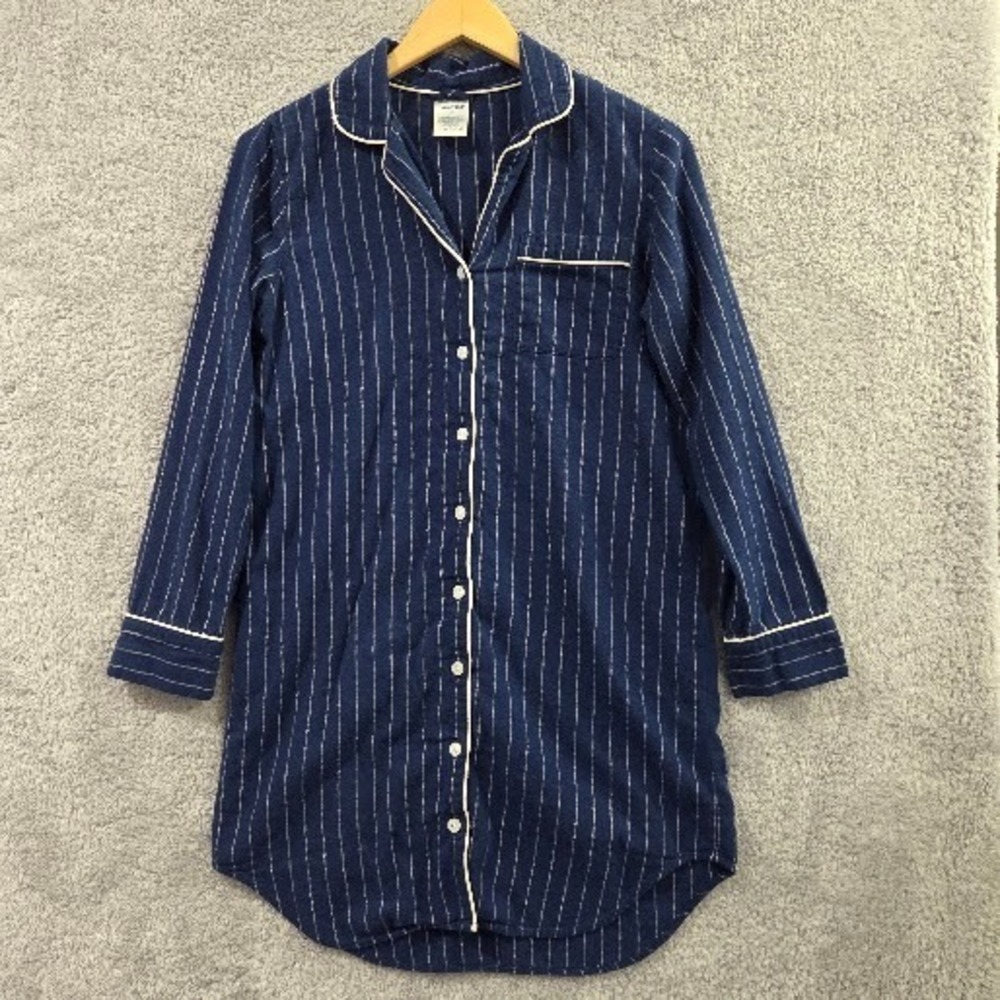 Lands End Nightgown Women's XS Blue Flannel Striped Button Up Long Sleeve Cotton